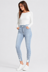 Women's High Waist Pearl Embellished Stretch Skinny Jeans
