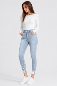 Women's High Waist Pearl Embellished Stretch Skinny Jeans