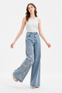 Women's High Waist Floral Embroidered Wide Leg Jeans