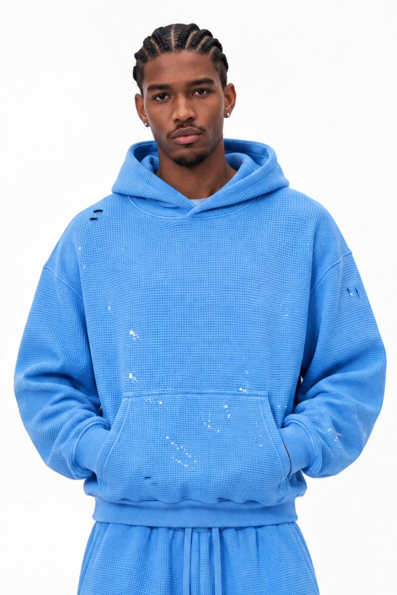 Men's Streetwear Washed Paint Splatter Waffle Hoodie