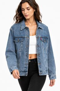 Women's Classic Blue Relaxed Denim Jacket with Red Tag