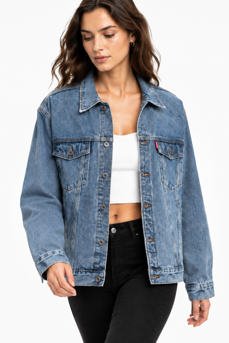 Women's Classic Blue Relaxed Denim Jacket with Red Tag