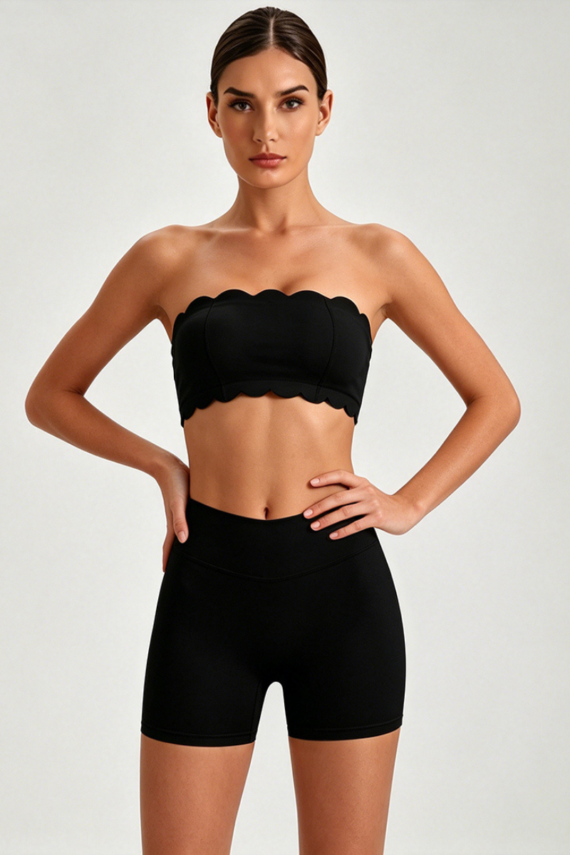Women's Scalloped Strapless Bra And Shorts Workout Yoga Set