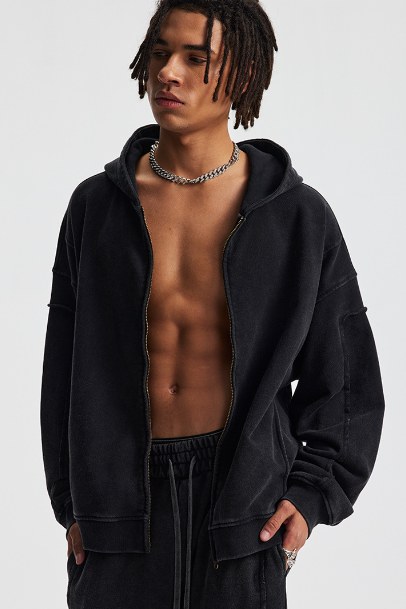 Rustic-style zipper-front pullover hoodie