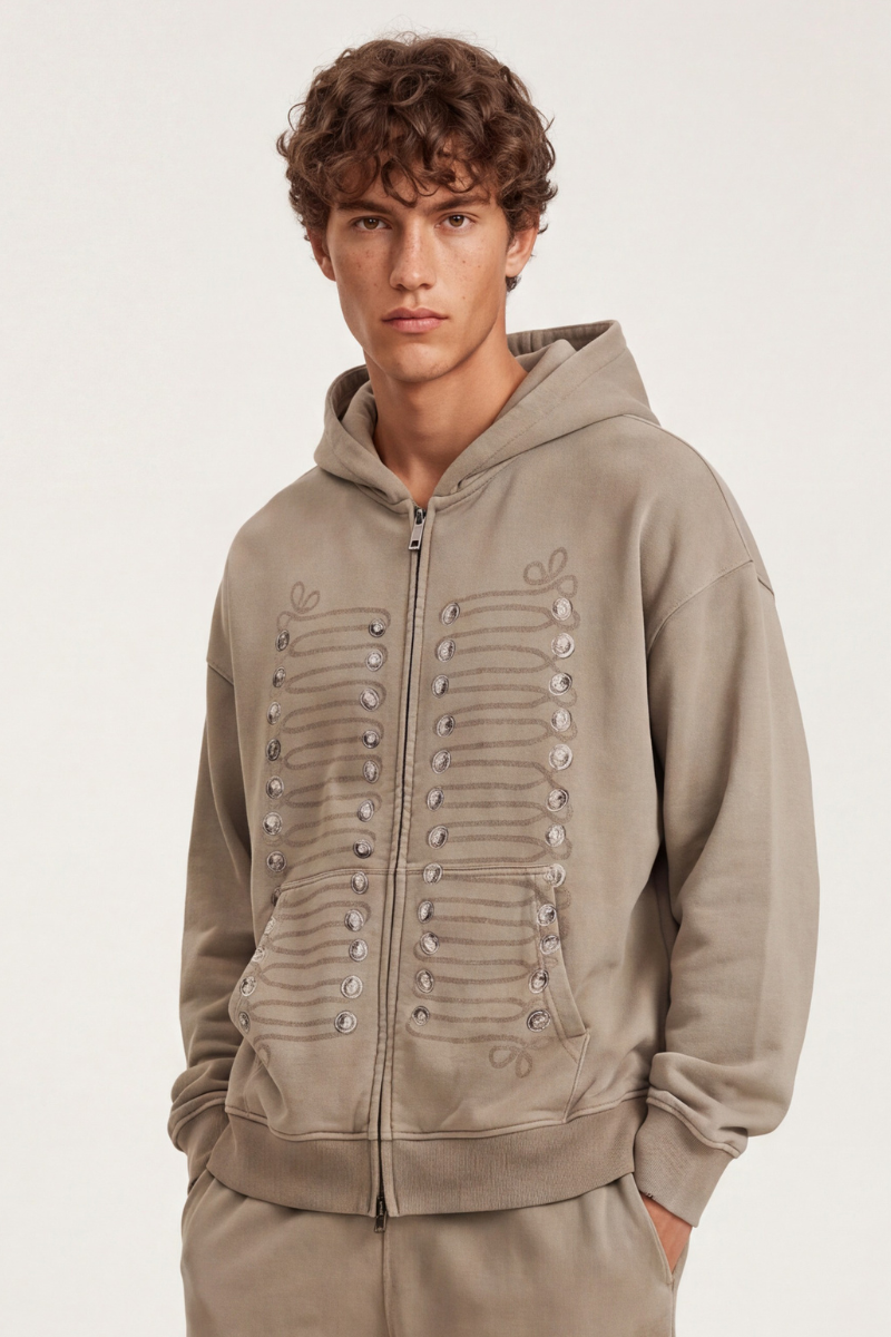 Men's Fall 100% Cotton Vintage Button-Print Hooded Jacket