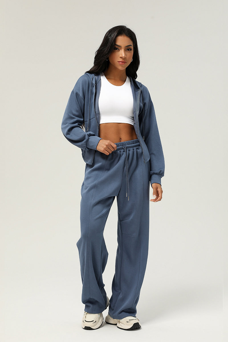 2 Pcs Set Zippered Jacket Hooded Casual Cardigan Jacket + High Waist Drawstringwide Leg Pants