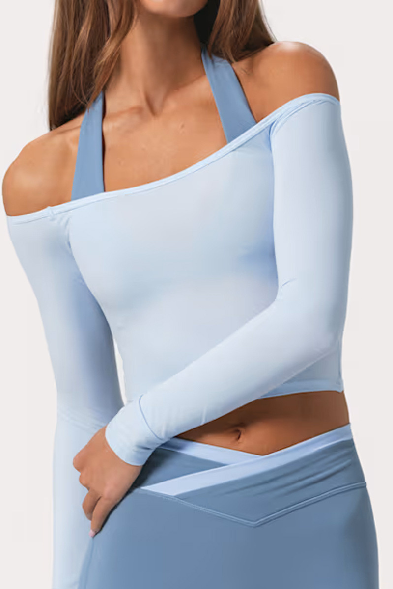 Women's Halter Off-Shoulder Brushed Long Sleeve Cropped Top