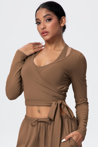 Women’s Criss-Cross Waist Straps Halterneck Long-Sleeve Top