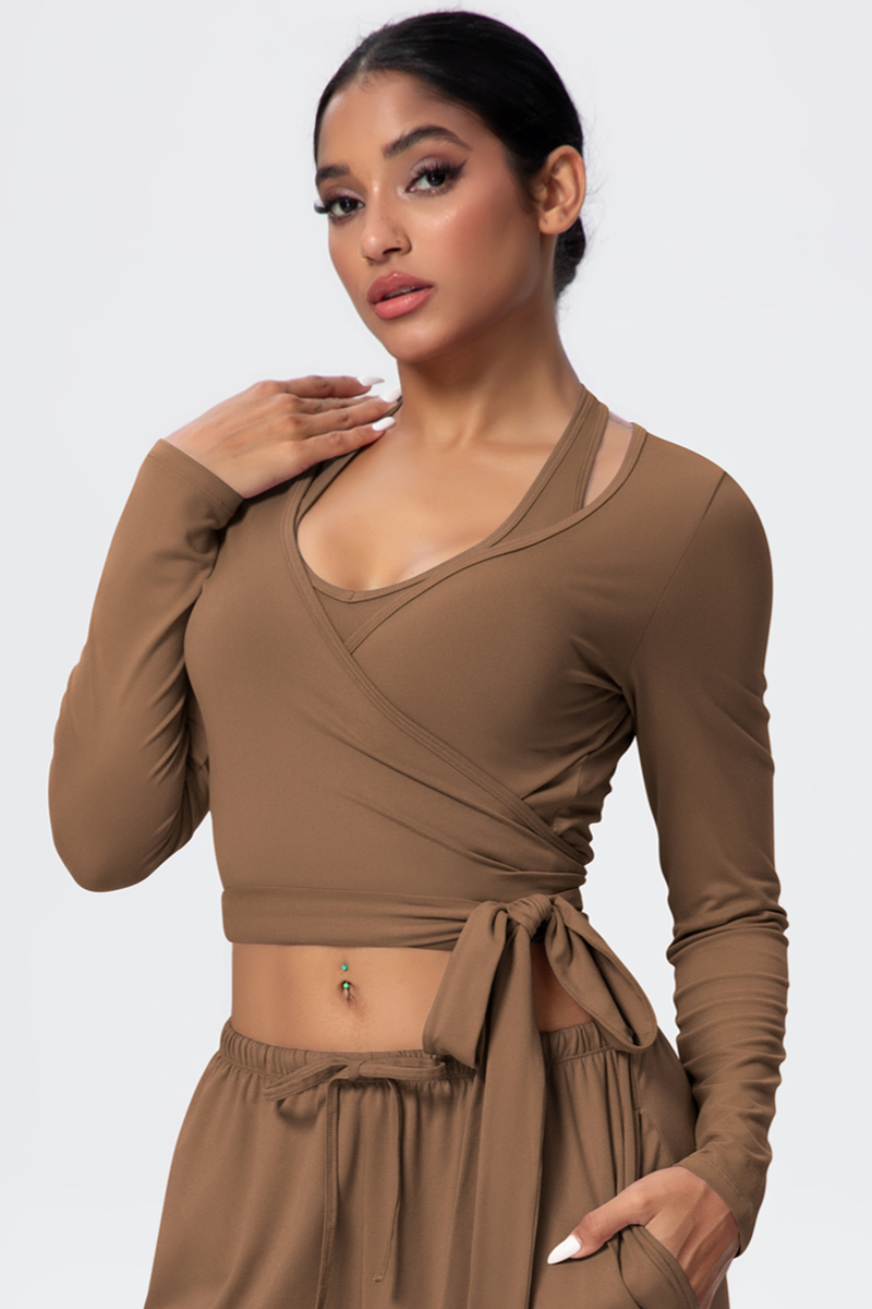 Women’s Criss-Cross Waist Straps Halterneck Long-Sleeve Top