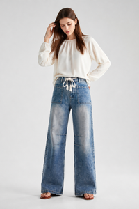 Women's High Waist Drawstring Wide Leg Jeans