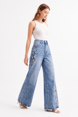 Women's High Waist Side Studded Wide Leg Jeans