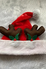 Unisex Christmas Santa Hat Plush with 3D Reindeer Antler