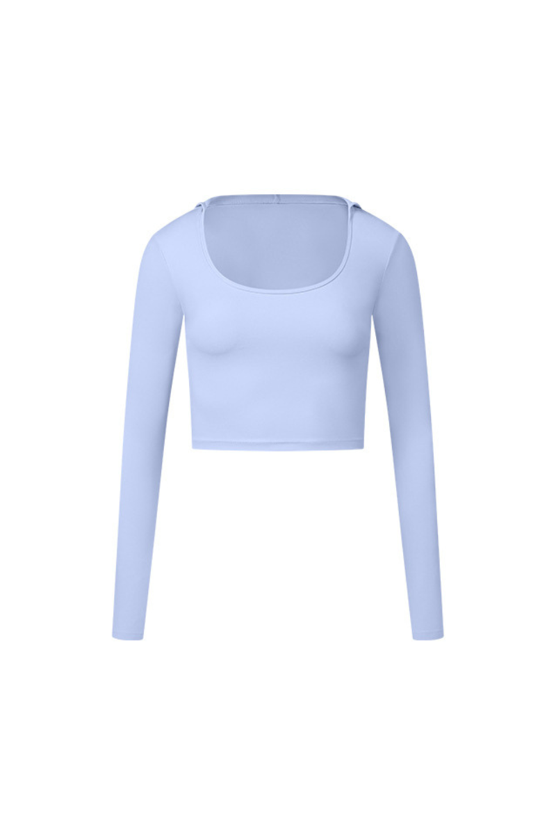 U-Neck Hooded Long-Sleeve Top with Naked Feel Fabric