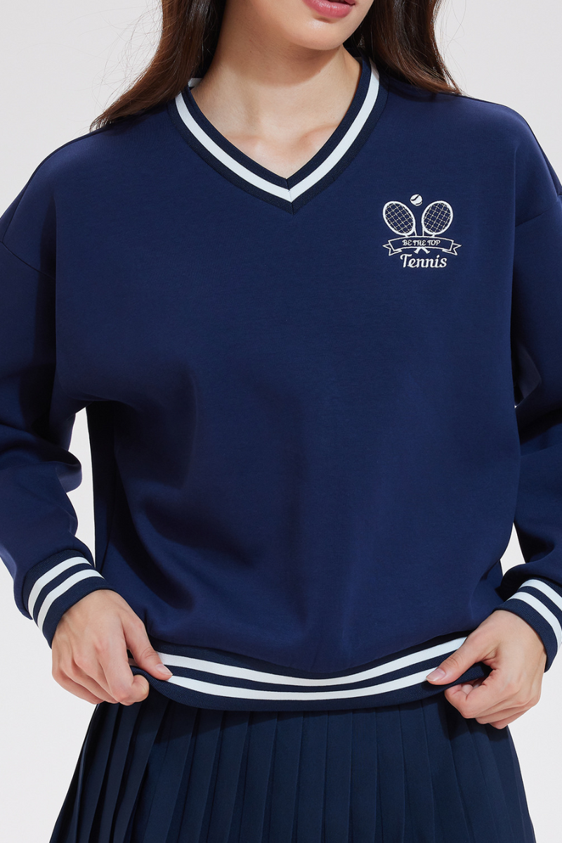 Women's Tennis Embroidered V-Neck Color-Block Pullover Sweatshirt