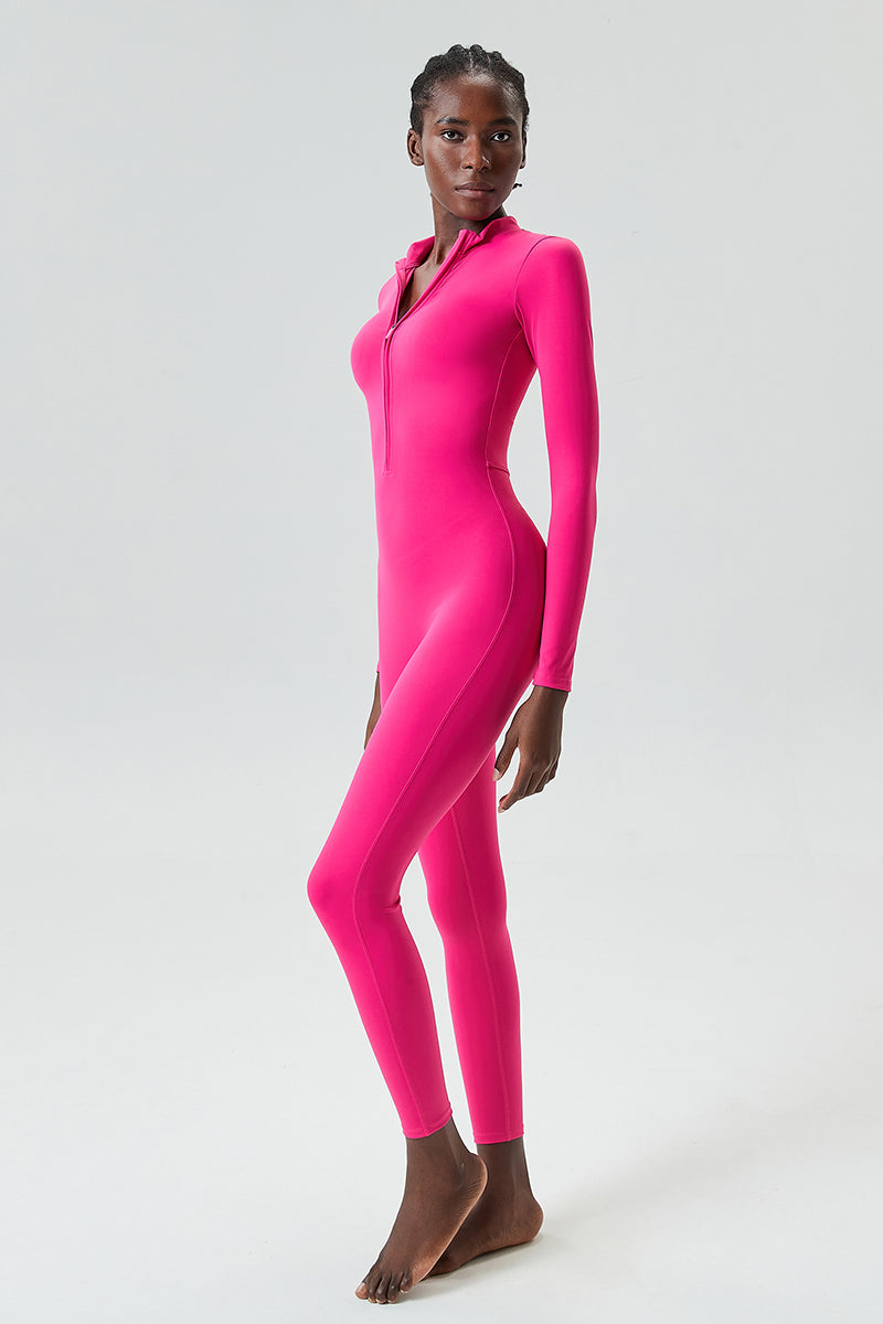 Front zipper solid color sports jumpsuit.