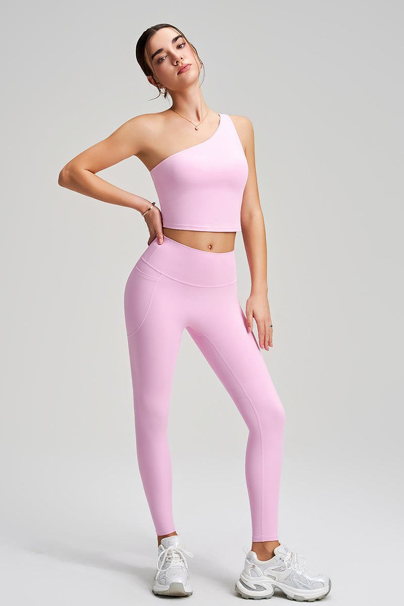Women Single Shoulder Quick Dry Waist Shaping Yoga Set: Short Sleeve Bra + Leggings