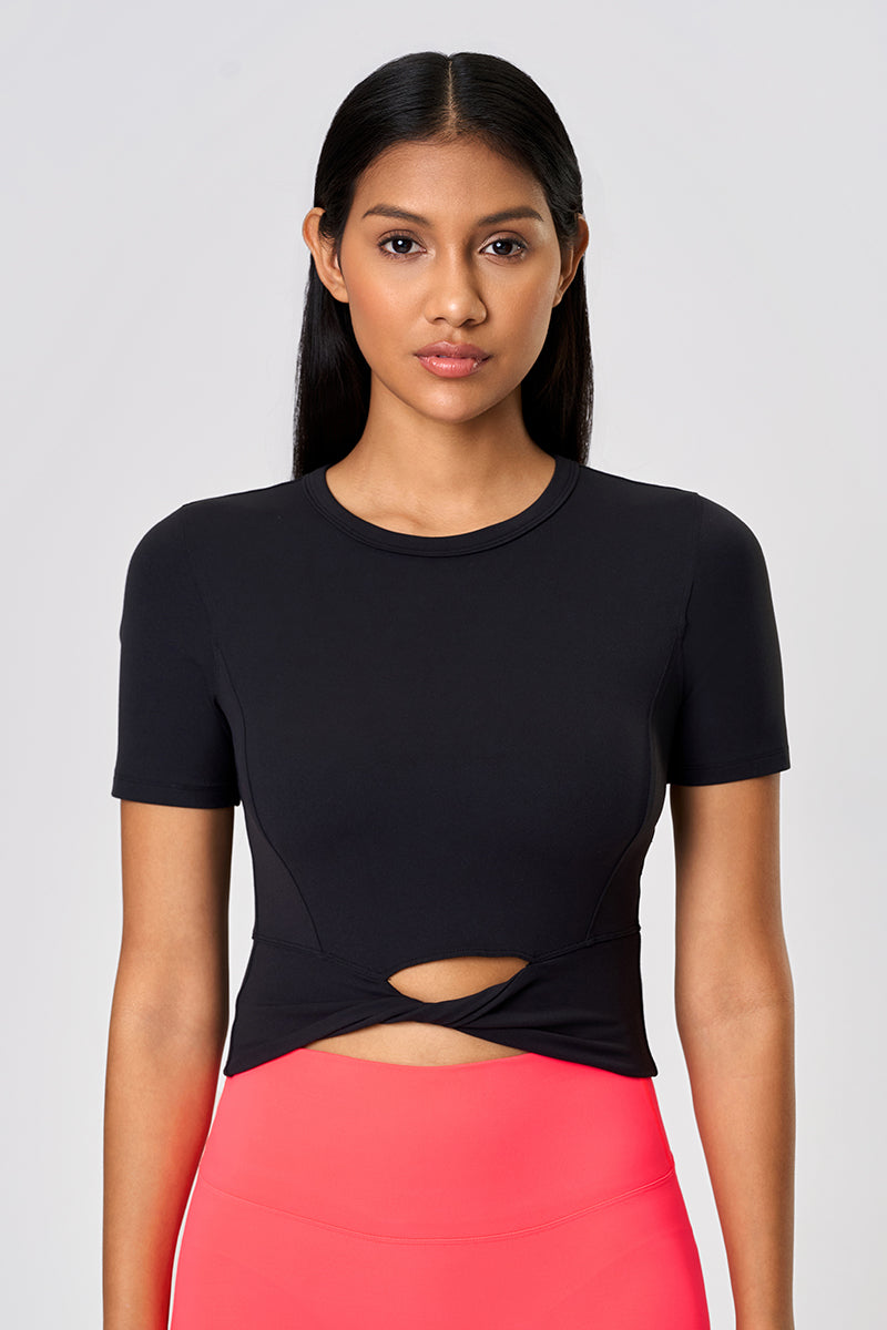 Women Summer Cropped Front-Twist Naked-Feel Yoga Sports T-Shirt