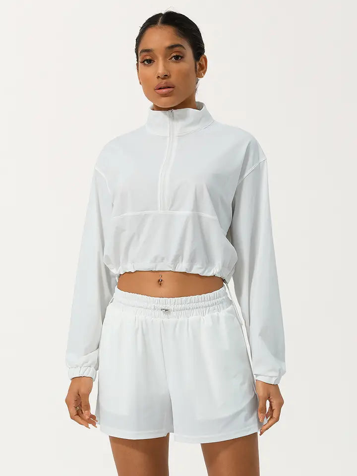 Half Zip Crpped Sports Jacket & Shorts 2 Piece Set