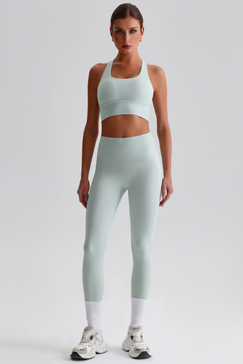 Women Naked Feel Cross Back Yoga Set: High Waisted Seamless Tummy Control Leggings + Crisscross Sports Bra