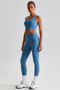 Women Naked Feel Cross Back Yoga Set: High Waisted Seamless Tummy Control Leggings + Crisscross Sports Bra