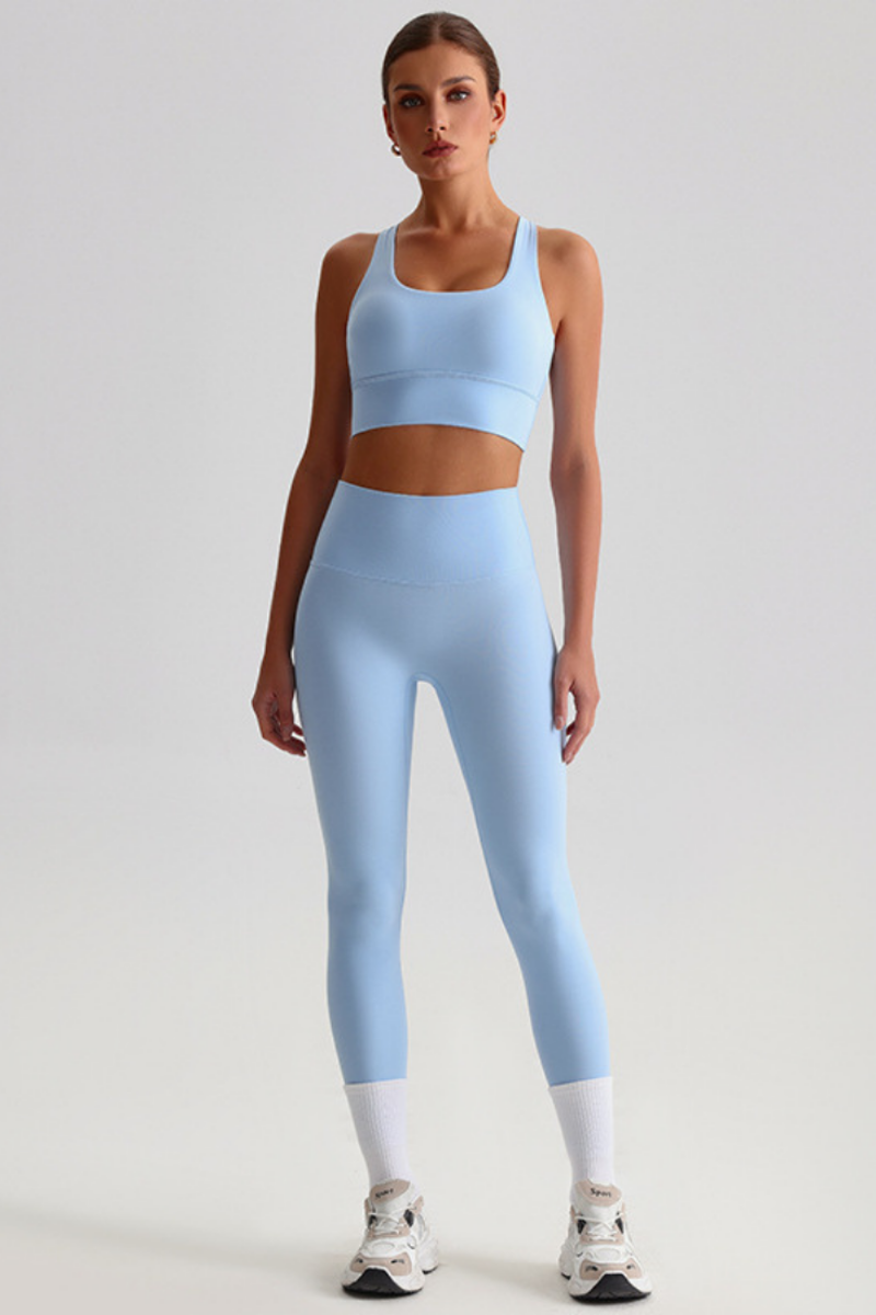 Women Naked Feel Cross Back Yoga Set: High Waisted Seamless Tummy Control Leggings + Crisscross Sports Bra
