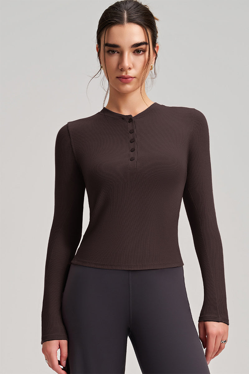 Women Slim-Fit Henley-Collar Workout Long Sleeve Top