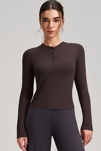 Women Slim-Fit Henley-Collar Workout Long Sleeve Top