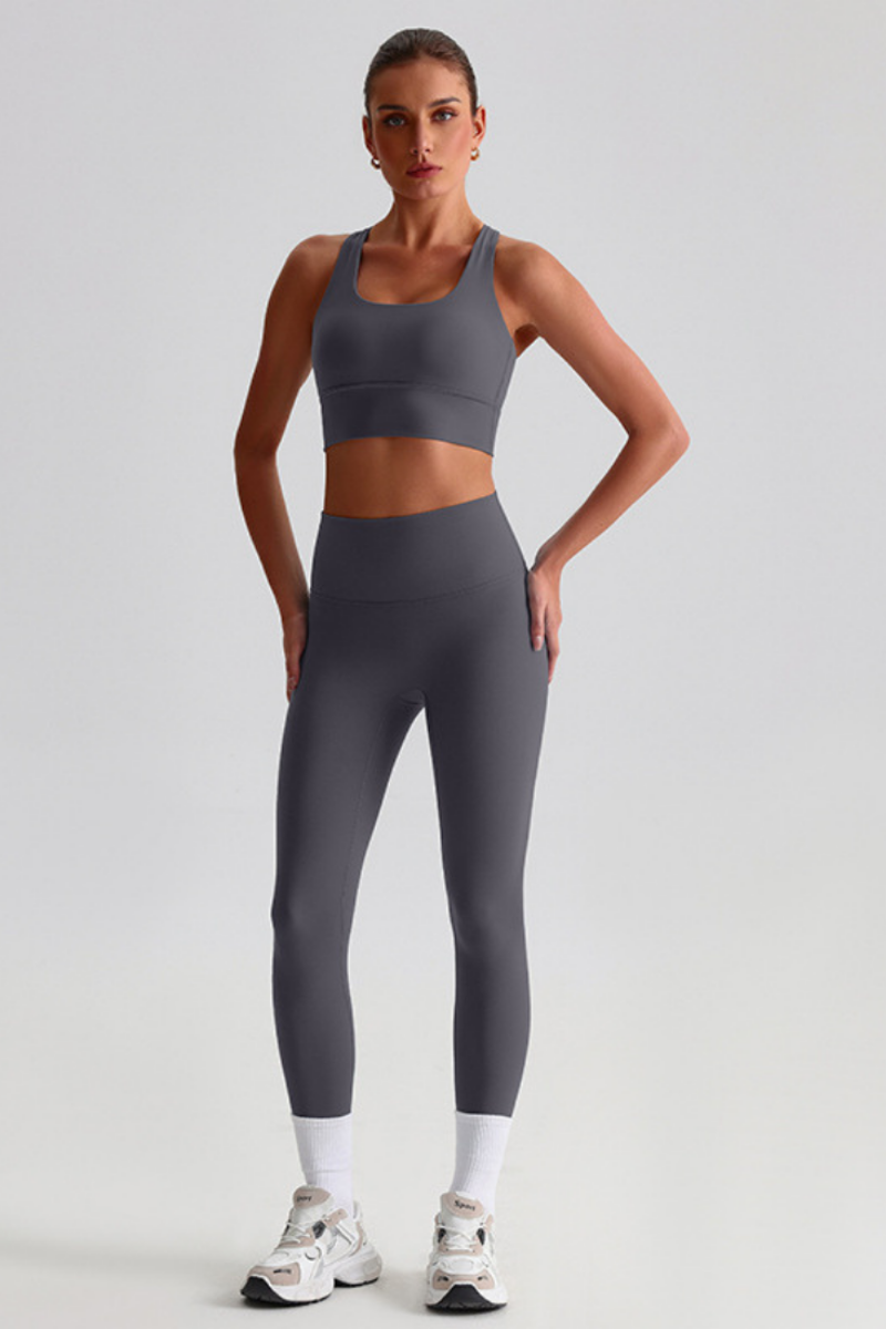 Women Naked Feel Cross Back Yoga Set: High Waisted Seamless Tummy Control Leggings + Crisscross Sports Bra