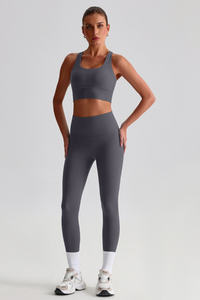 Women Naked Feel Cross Back Yoga Set: High Waisted Seamless Tummy Control Leggings + Crisscross Sports Bra