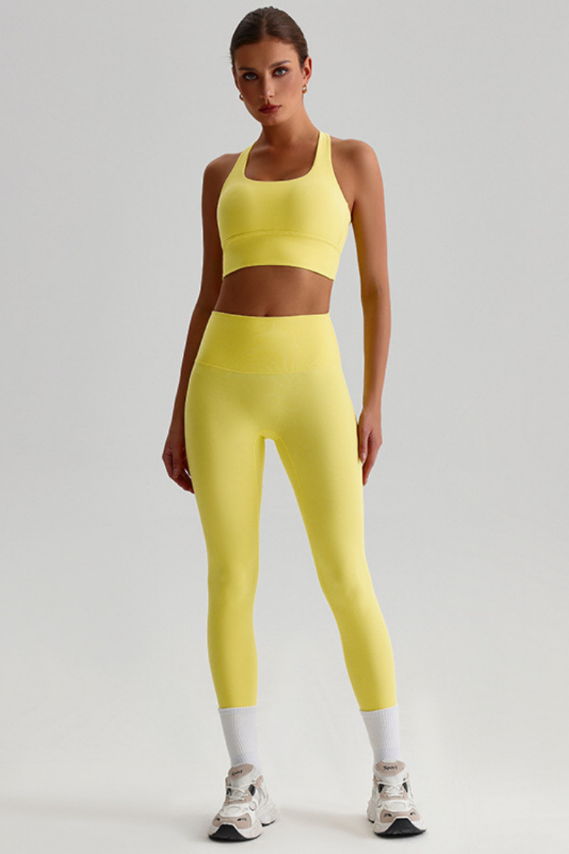 Women Naked Feel Cross Back Yoga Set: High Waisted Seamless Tummy Control Leggings + Crisscross Sports Bra