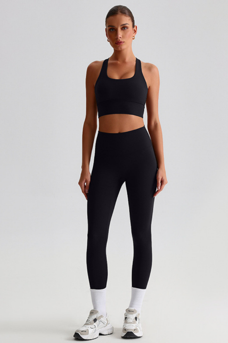 Women Naked Feel Cross Back Yoga Set: High Waisted Seamless Tummy Control Leggings + Crisscross Sports Bra