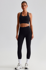 Women Naked Feel Cross Back Yoga Set: High Waisted Seamless Tummy Control Leggings + Crisscross Sports Bra