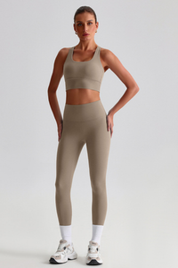Women Naked Feel Cross Back Yoga Set: High Waisted Seamless Tummy Control Leggings + Crisscross Sports Bra