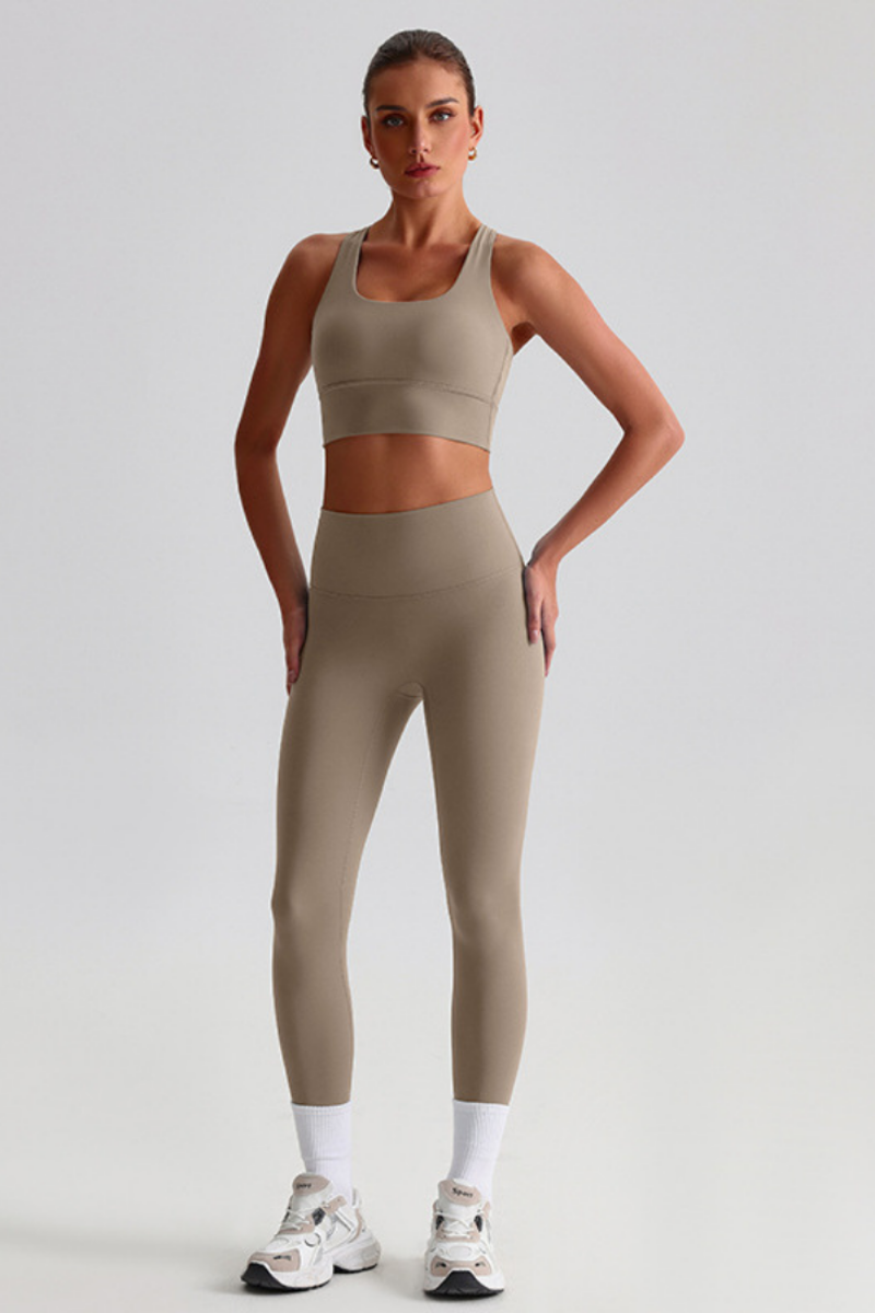 Women Naked Feel Cross Back Yoga Set: High Waisted Seamless Tummy Control Leggings + Crisscross Sports Bra