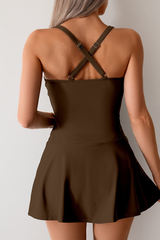 Women's Ruched Spaghetti Straps Side Slit Pleated Swimsuit