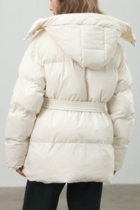 Women's hooded mid-length cotton jacket with waist tie.