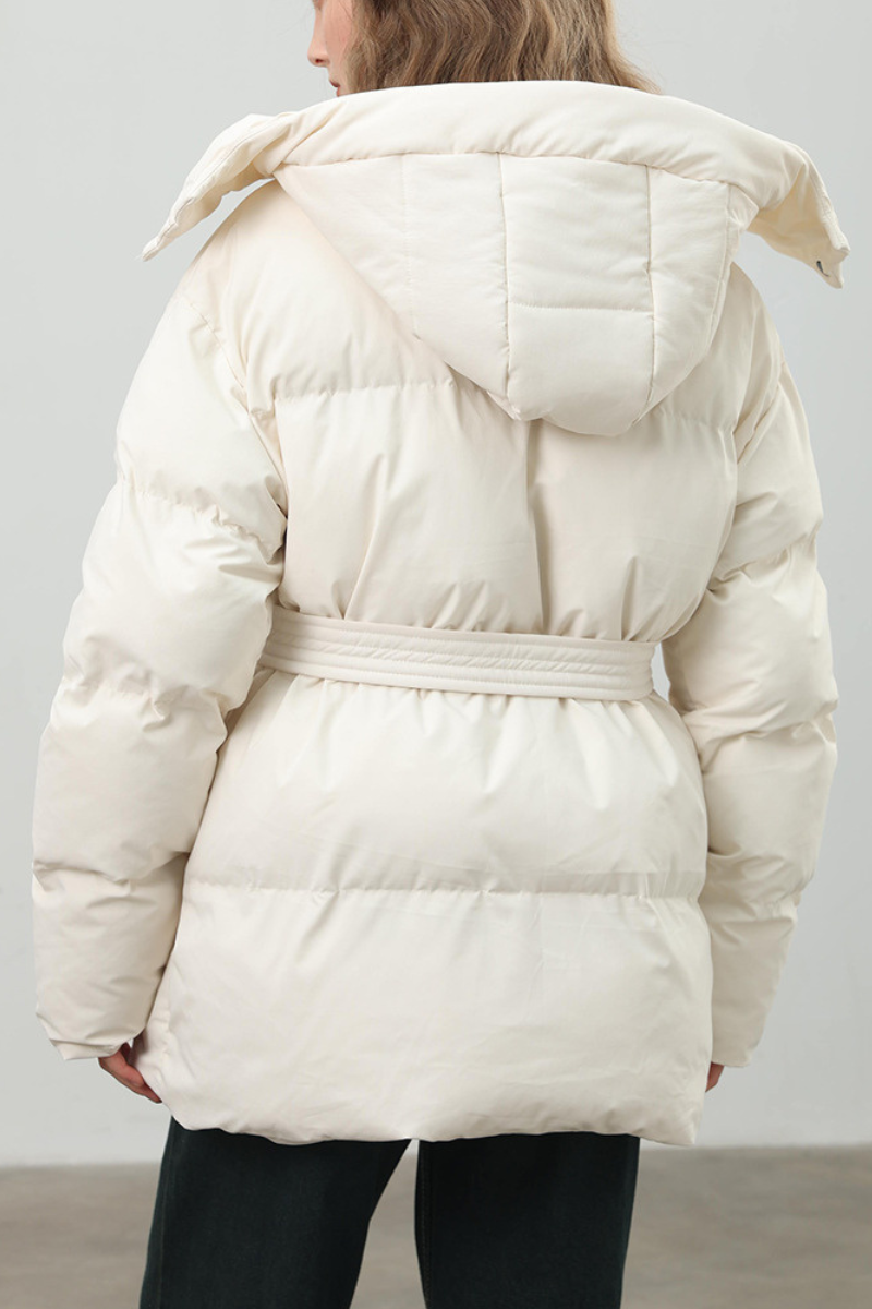 Women's hooded mid-length cotton jacket with waist tie.