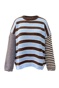 Women Crew Neck Contrast Stripe Distressed Hem Knit Sweater