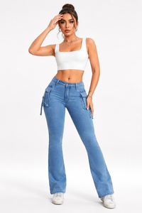 Women's High Waist Stretch Flare Cargo Jeans