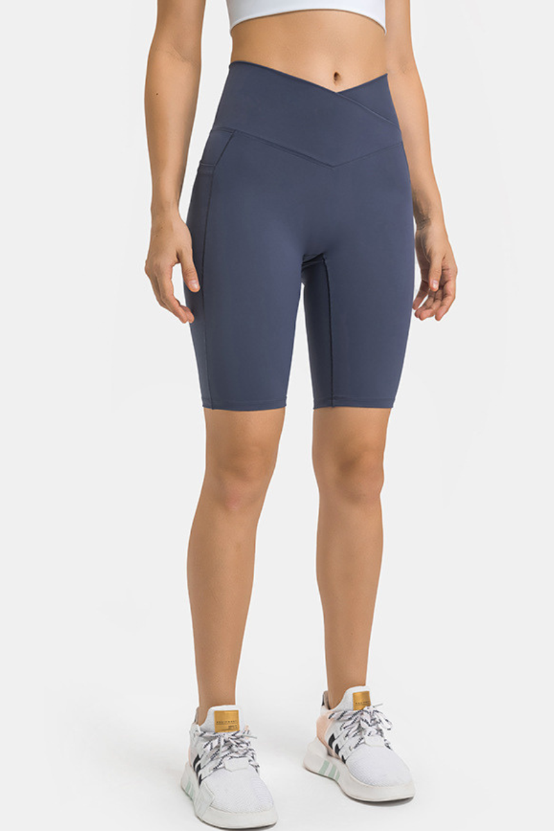 Women's V-Waist High-Waisted Biker Yoga Shorts with Pockets