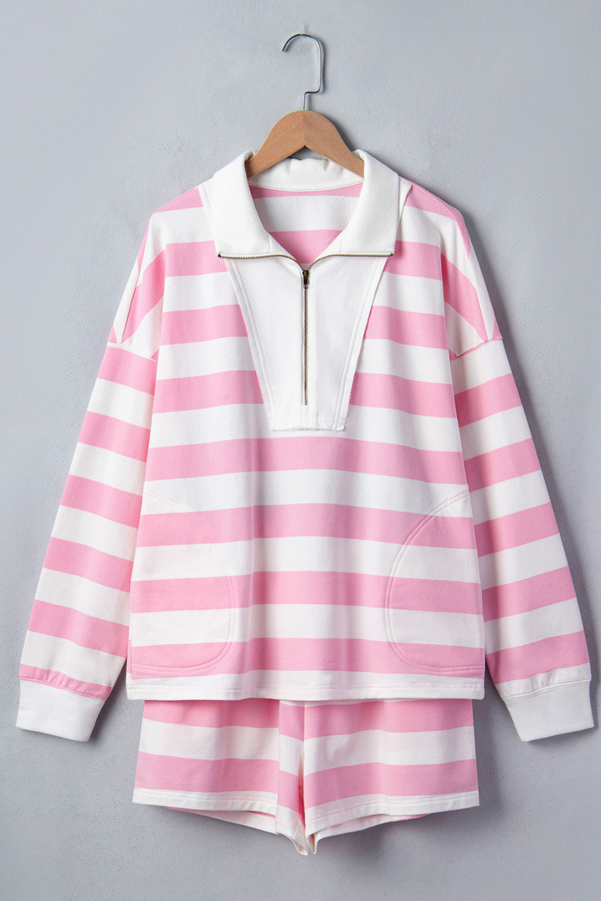 Women's Pink White Striped Half Zip Sweatshirt & Short Sets