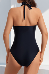 Women's V-neck Pleated Halterneck Waist Cinching Swimsuit