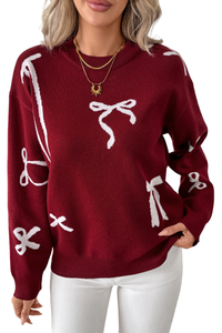 Women's bow-print knitted casual sweater.