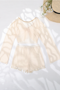 Women's Mesh Long Sleeve Cover-Up Tassel Shorts Bikini