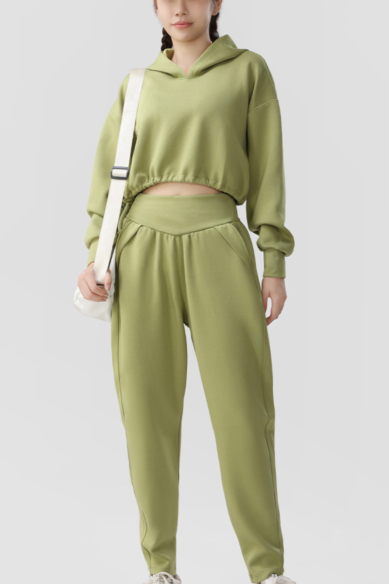 Women Cropped Hooded Top and High Waist Pants 2 Piece Set