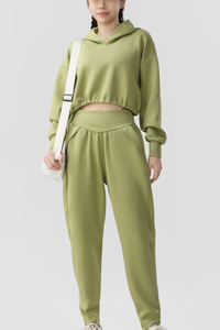 Women Cropped Hooded Top and High Waist Pants 2 Piece Set