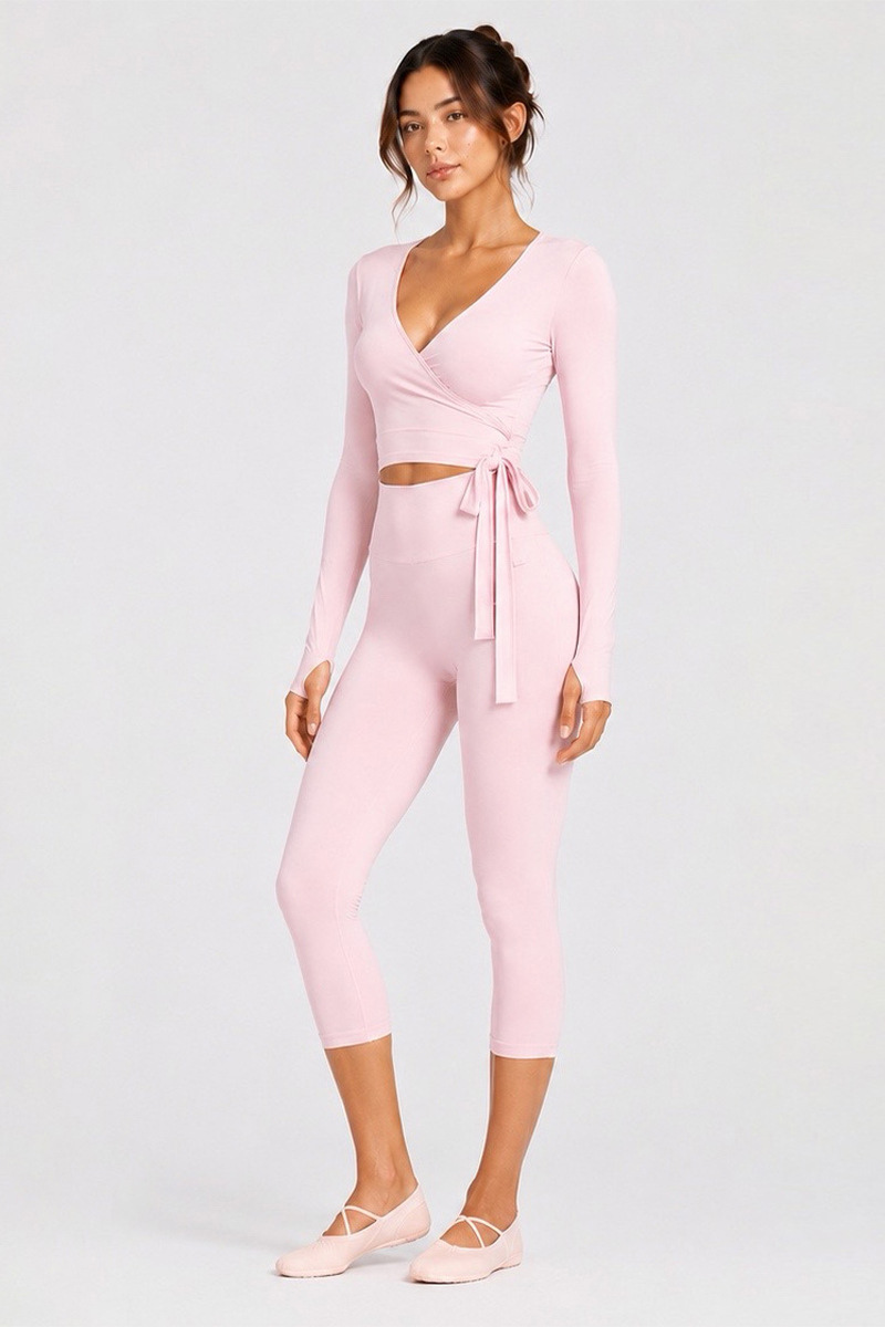 Women's Side Wrap Tie Long Sleeve Top And Capri Yoga Set