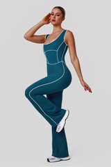 Women's Athletic Color Block U-Neck Flared Pants Jumpsuit