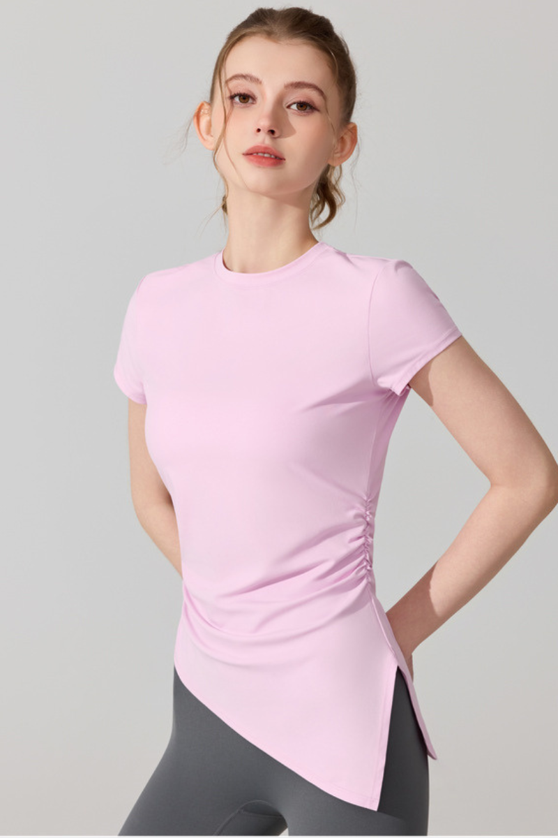 Women's Summer Side Ruched Asymmetrical Hem Sports T-Shirt