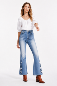 Women's High Waist Floral Embroidered Flare Jeans